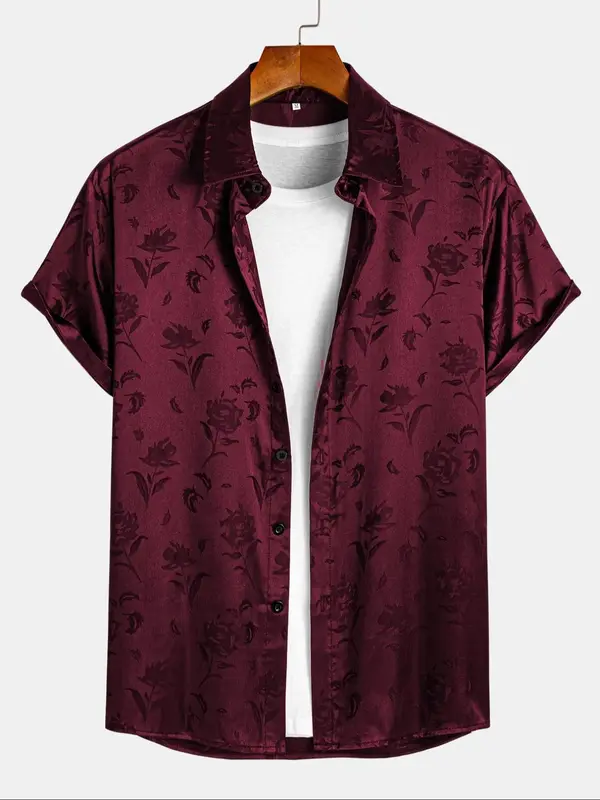 Men's Rose Print Jacquard Shirt, Regular Fit Casual Short Sleeve Collared Top for Summer, Fashion Men's Clothes for Daily Wea...