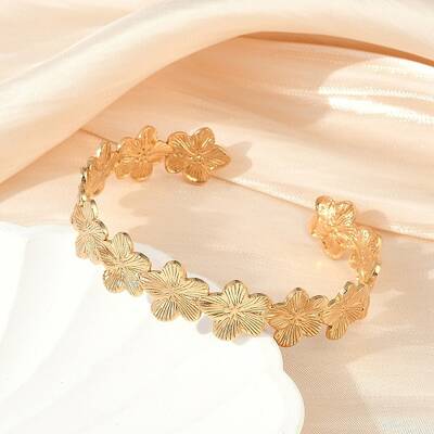 304 Stainless Steel Flower Open Cuff Bangles for Women