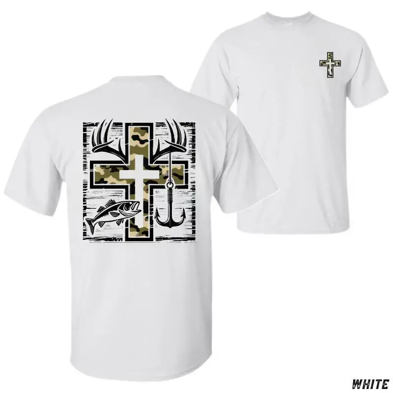 Southern Charm Fishing Shirt - Camo Cross Antlers and Bass for a Faithful Adventure Crew Neck Unisex 100% Cotton Premium Comf...