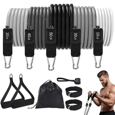 Garvee 5 Levels Stackable Resistance Bands Set - Gradient Gray TPE Tubes 10-50LB up to 150LB with Handles, Door Anchor & Ankl...