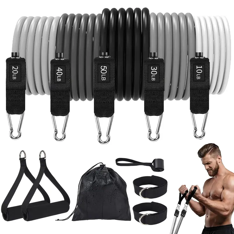Garvee 5 Levels Stackable Resistance Bands Set - Gradient Gray TPE Tubes 10-50LB up to 150LB with Handles, Door Anchor & Ankl...