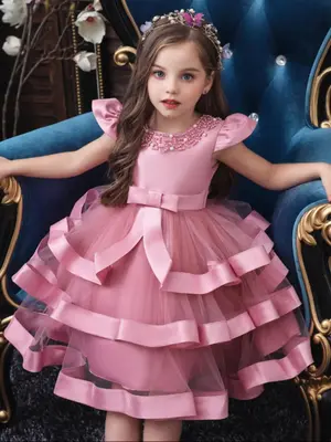 Toddler Girl's Faux Pearl Decor Bowknot Design Tiered Layer Satin Party Dress, Elegant Contrast Mesh Ruffle Trim Sleeveless A...