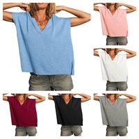 Yousify Womens V Neck Cap Sleeve Sweater Tops Summer Casual Loose Fit Side Split Basic Clothes Shirts