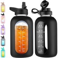 64 oz Glass Water Bottle Jug with Straw and Handle, Half Gallon Sports Motivational Water Bottle with Time Marker, Wide Mouth...