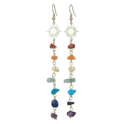Chakra Theme Natural & Synthetic Mixed Gemstone Chip Beaded Tassel Earrings