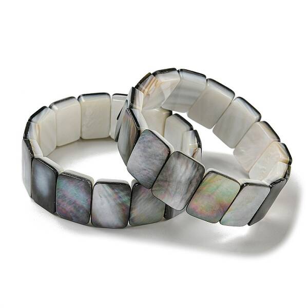 Natural Black Lip Shell Rectangle Dominoes Beaded Stretch Bracelets