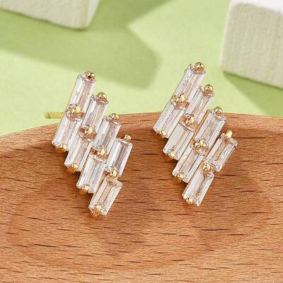 Rhombus Brass Micro Pave Clear Cubic Zirconia Stud Earrings for Women