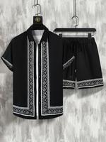 2 Counts Men's Tribal Print Two-piece Outfits, Regular Fit Boho Button Front Shirt & Drawstring Shorts Set, Summer Clothes, M...