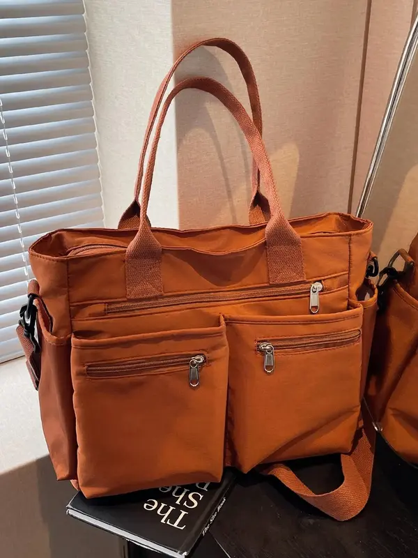 Women's Solid Color Multi-pocket Tote Bag, Large Capacity Lightweight Crossbody Bag, Casual Shoulder Bag for Work & Daily Use...