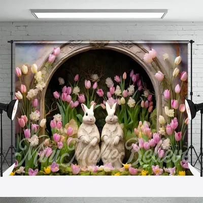 Lovely Bunny Tulip Floral Arch Hole Easter Backdrop - Aperturee