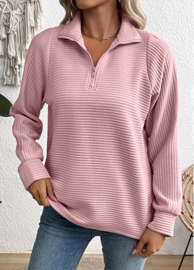 Modlily Pink Zipper Long Sleeve Turn Down Collar Sweatshirt - XXL