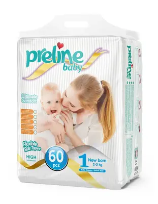 Preline Baby Diapers Size 1 Newborn (4-11 lbs / 2-5 kg), 60 Pieces