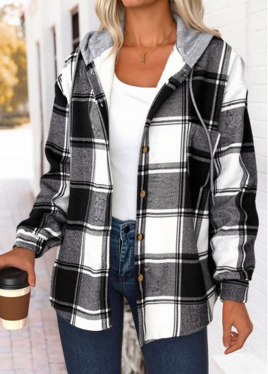 Modlily Black Tummy Coverage Plaid Long Sleeve Hooded Track Jacket - L