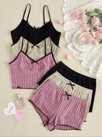 Women's Contrast Binding Crop Cami Top & Bow Decor Shorts Pyjama Set, Lettuce Trim Camisole & Shorts Pastel PJ Set, Comfy P...