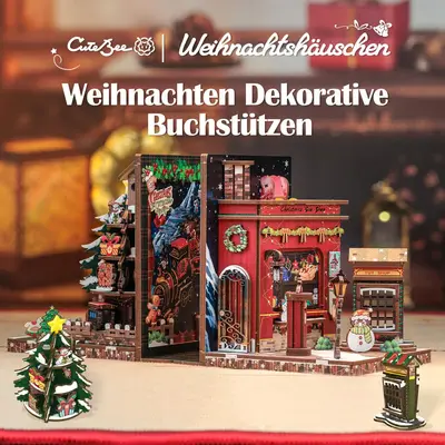 【Christmas Cottage】CUTEBEE DIY Christmas Bookend for Shelves 3D Wooden Puzzle Decorative Book Nook Kit Book Ends Miniatur...