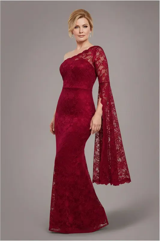 Goddiva One Shoulder Scalloped Neck Maxi Dress - Wine