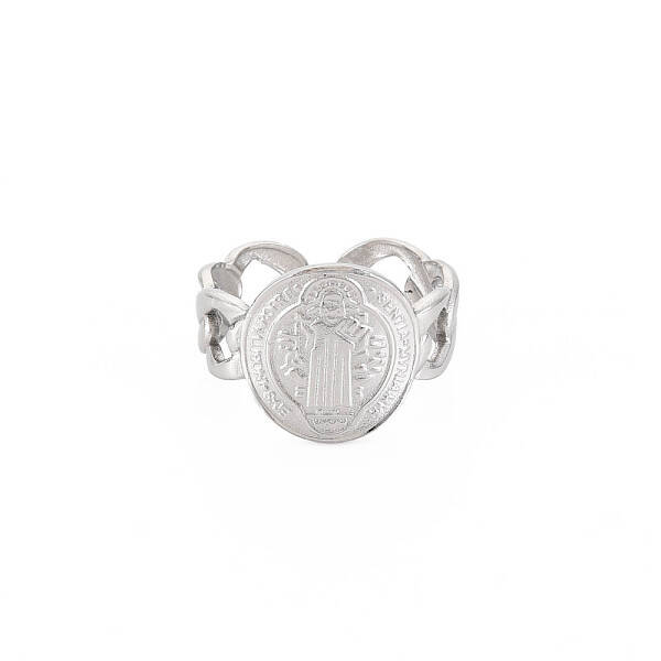 Non-Tarnish 304 Stainless Steel Flat Round with Jesus Wide Open Cuff Ring for Women