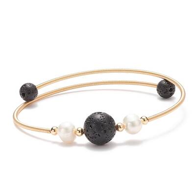 Natural Lava Rock & Pearl Round Beaded Bangle
