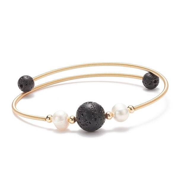 Natural Lava Rock & Pearl Round Beaded Bangle