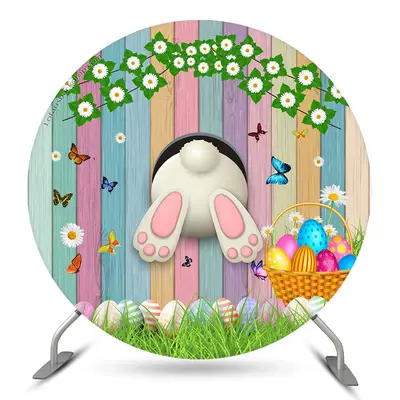 Aperturee Colorful Wood And Eggs Rabbit Round Easter Backdrop | Custom Backdrop For Party | Backdrop Sunflower Party Decorati...