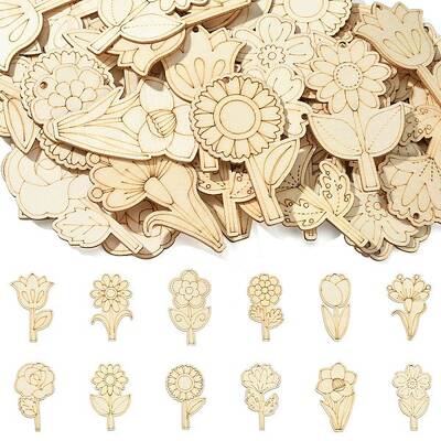 48Pcs 12 Styles Unfinished Blank Wooden Pendants Kit