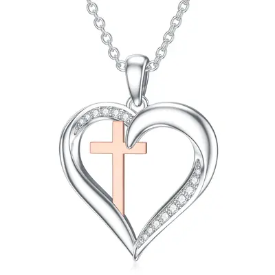 Sterling Silver Two-tone Circular Shaped Diamond Cross & Heart Pendant Necklace