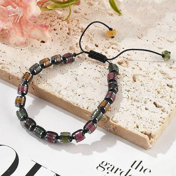 Adjustable Natural Tourmaline and Non-magnetic Synthetic Hematite Braided Bead Bracelets