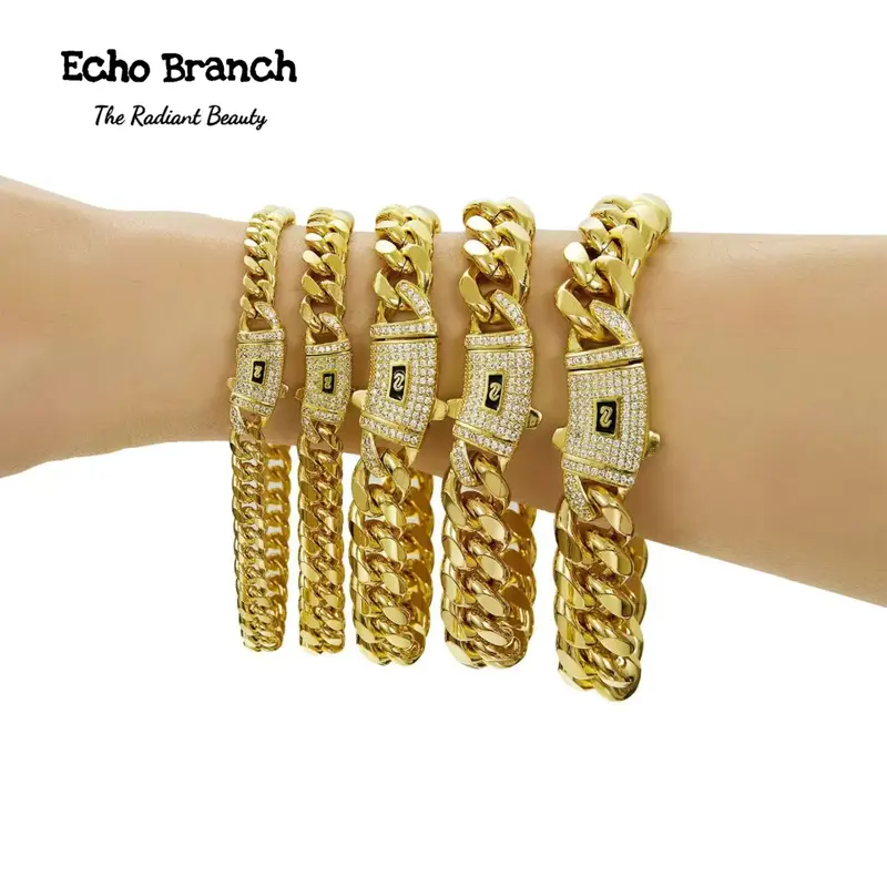 Golden Cuban Jewelry Bracelet Shining Stainless Steel Miami Thick Bracelet Hip Hop Jewelry Chain width6-14MM Trendy Men's Acc...