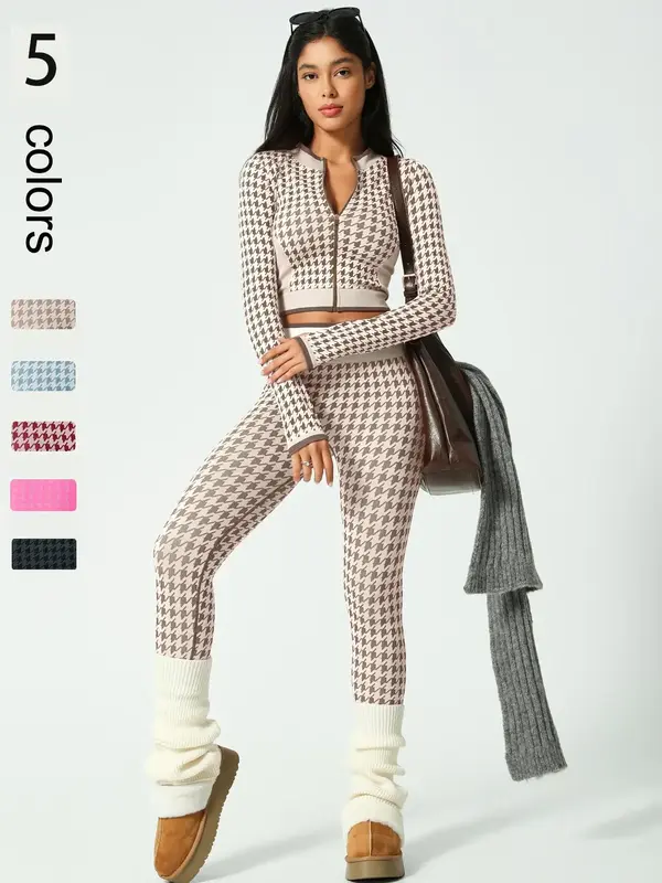 Women's Houndstooth Print Zip Up Crop Jacket & High Waist Leggings Tracksuit Set, Sporty Breathable Comfy Outfits for Yoga Gy...
