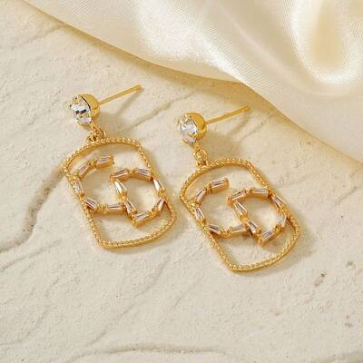 Geometric Hollow Brass Clear Cubic Zirconia Stud Earrings