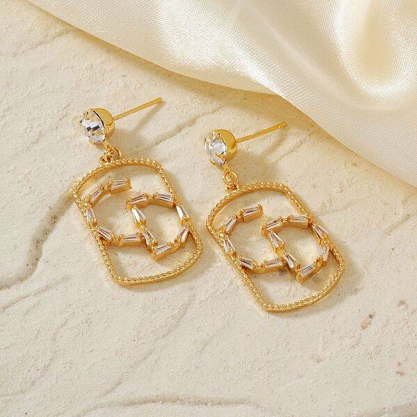 Geometric Hollow Brass Clear Cubic Zirconia Stud Earrings