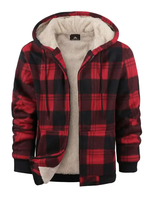 Men's Plaid Print Zip Up Drawstring Hooded Jacket, Regular Fit Casual Thermal Lined Long Sleeve Pocket Outerwear for Fall & W...