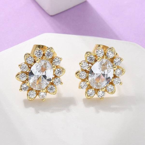 Brass Micro Pave Clear Cubic Zirconia Stud Earrings