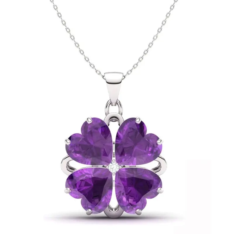 14K White Gold Amethyst Four Leaf Clover Mother & Daughter Sisters Necklace