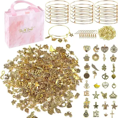 Alloy DIY Bracelet Set, 171pcs/set Jewelry Making Kit, Including 10 Blank Bracelets, 40 Random Pendants,100 Open Rings, 20 Ea...
