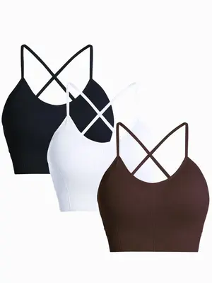 Women's Criss Cross Backless Sports Bra, Comfort Solid Color Wireless Sports Bra, High Stretch Comfortable Fabric Sports Bra...