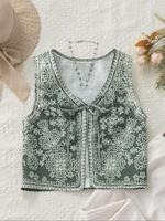 Women's Ethnic Pattern Tie Front V Neck Vest Jacket without Necklace, Boho Floral Pattern Vneck Sleeveless Outerwear for Summ...