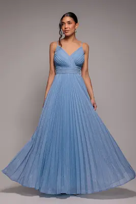 Goddiva Sleeveless Pleated A Line Lurex Maxi Dress - Blue