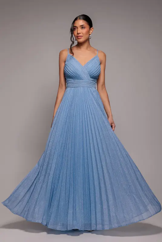 Goddiva Sleeveless Pleated A Line Lurex Maxi Dress - Blue