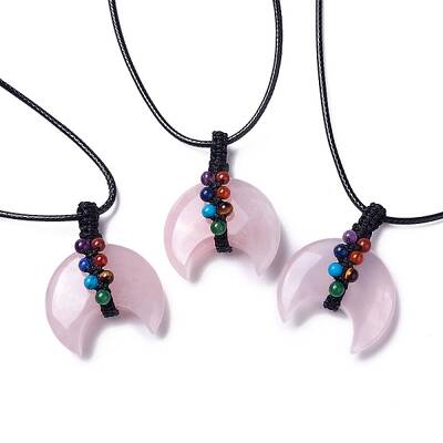 Adjustable Natural Rose Quartz Double Horn Pendant Necklace with Wax Cord for Women