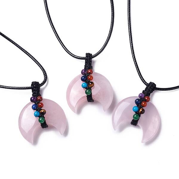 Adjustable Natural Rose Quartz Double Horn Pendant Necklace with Wax Cord for Women