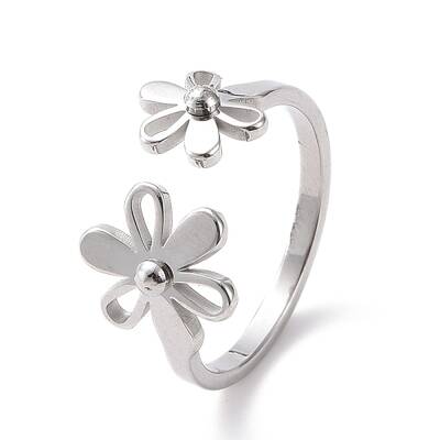 Non-Tarnish 304 Stainless Steel Flower Open Cuff Ring for Women