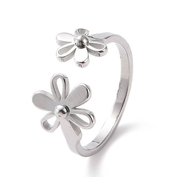 Non-Tarnish 304 Stainless Steel Flower Open Cuff Ring for Women