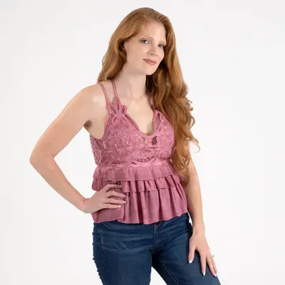 Pineapple Lace Peplum Cami Top - Charcoal - L