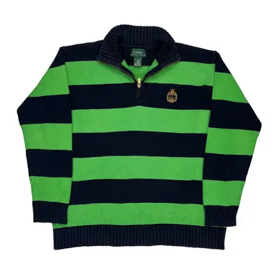Ralph Lauren Striped 1/4 Zip - Large Green Cotton