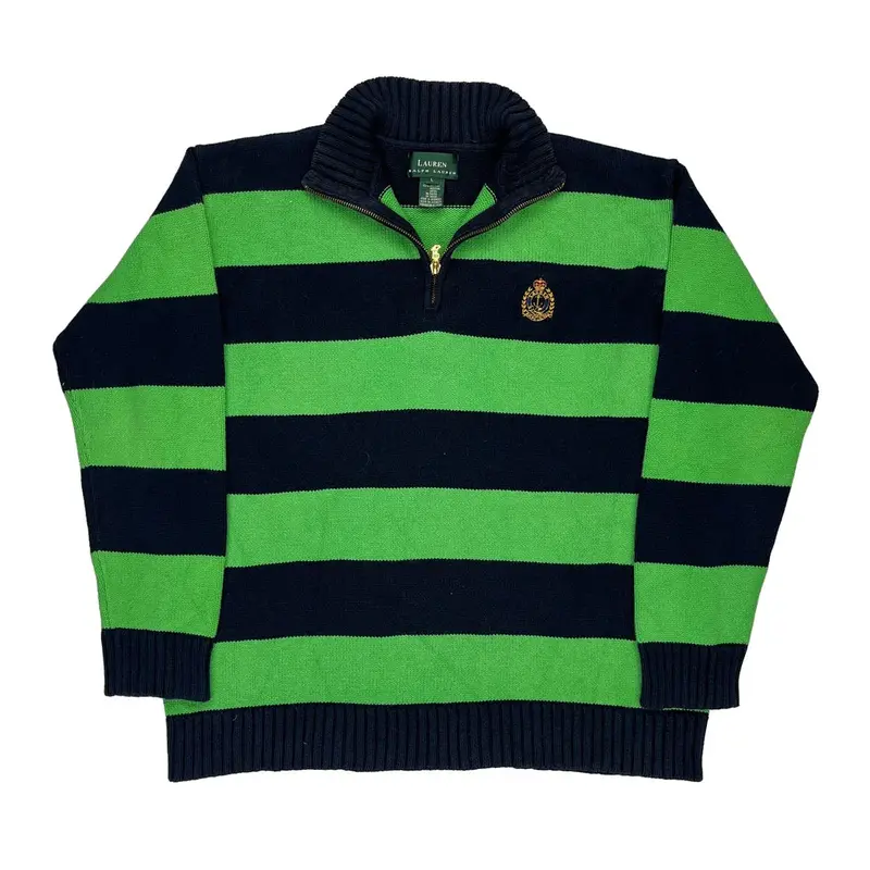 Ralph Lauren Striped 1/4 Zip - Large Green Cotton