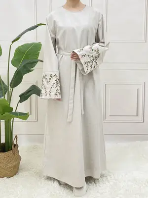 Arabic Clothing-floral Embroidery Long Sleeve Belted Tunic Dress, Elegant Long Dress for Muslim Women, Women's Islamic Clothi...