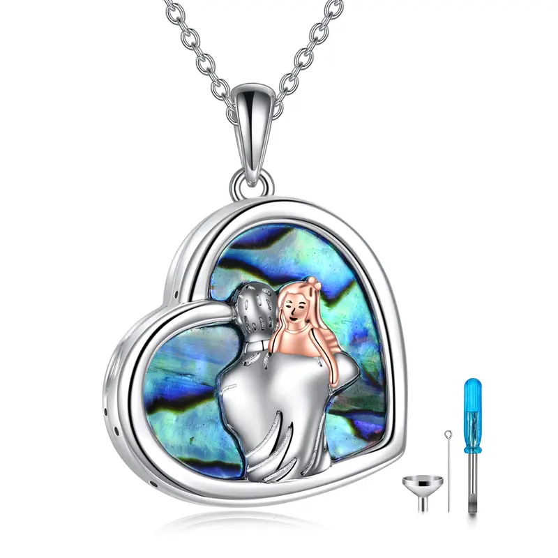 Sterling Silver Two-tone Abalone Shellfish Father & Daughter Urn Necklace for Ashes with Engraved Word