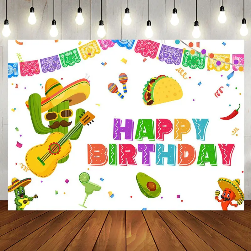 Cactus And Guitar Mexican Fiesta Birthday Backdrop - Aperturee