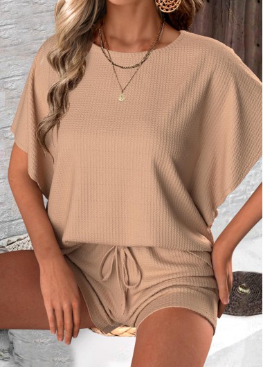 Modlily Round Neck Short Sleeve Light Coffee Top and Shorts - S